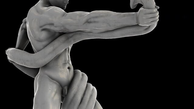 Athlete_Wrestling_with_a_Python - Rotation zoom-out - 3d animation model on a black background
