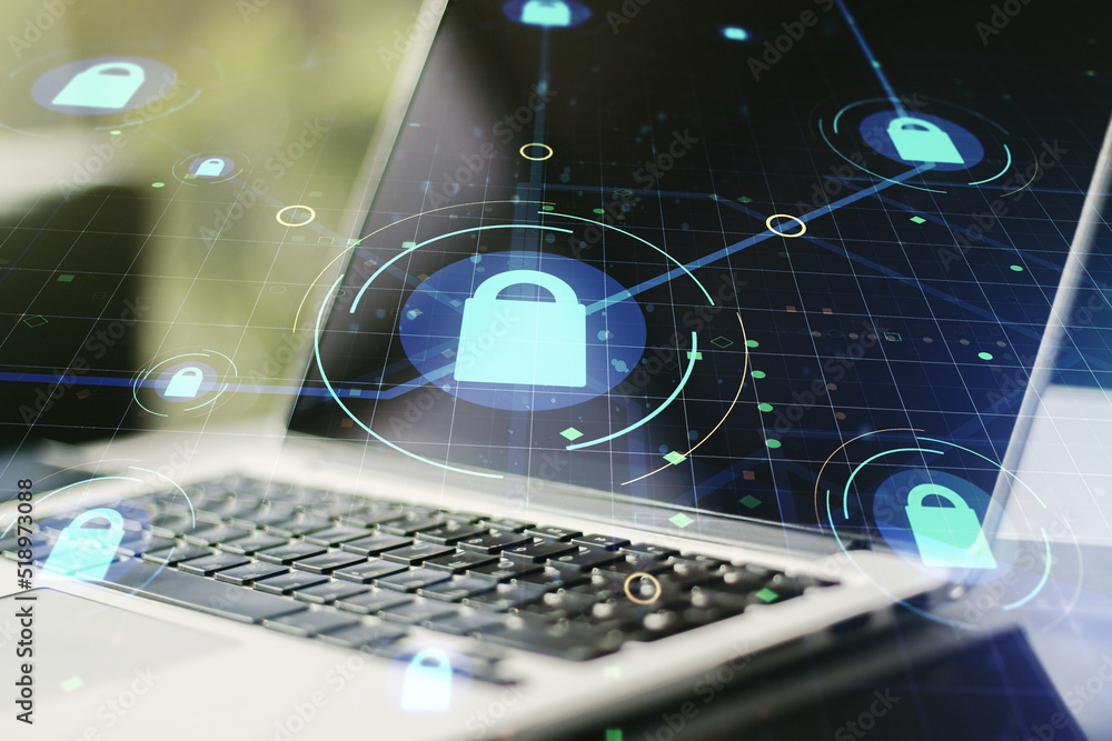 Poster double exposure of creative lock hologram with chip on laptop background. information security conce