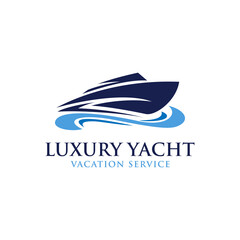 Luxury Yacht Logo Design with Minimalist Blue Yacht and Wave Sea Combination Design Concept.