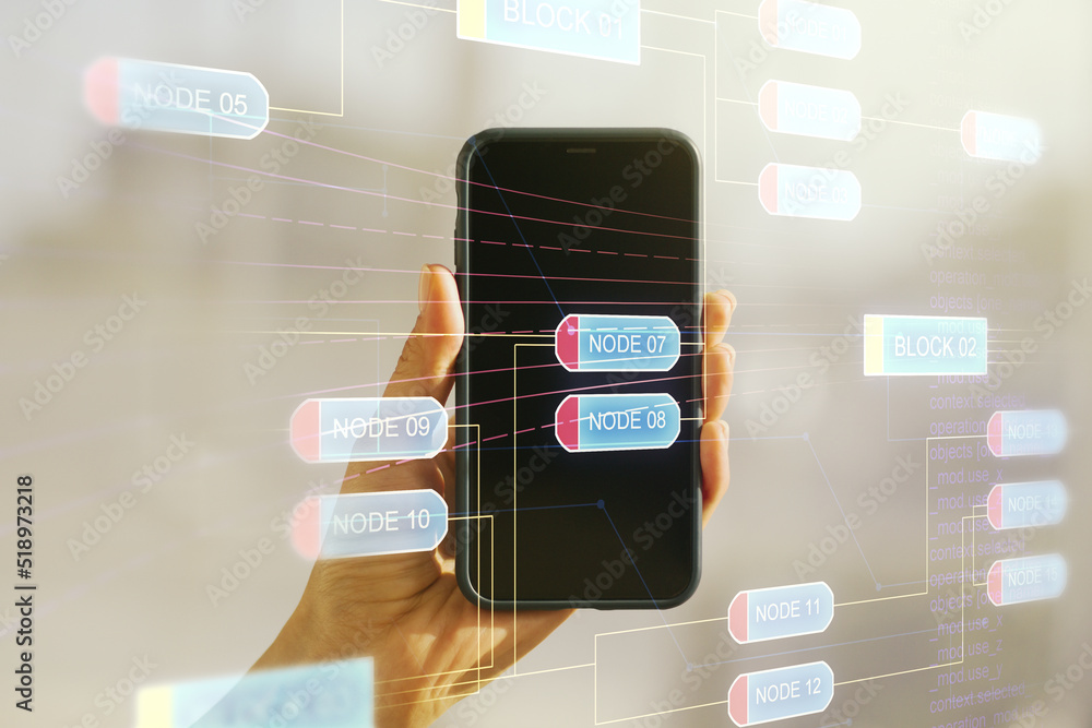 Poster abstract creative coding illustration and hand with mobile phone on background, software development
