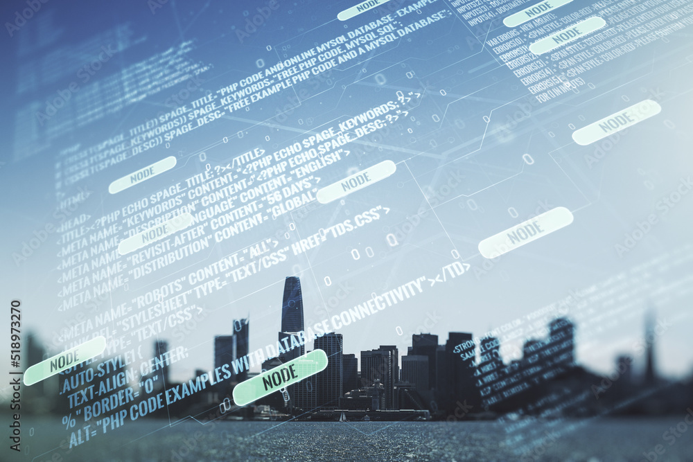 Poster multi exposure of abstract programming language hologram on san francisco office buildings backgroun