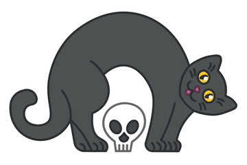 Cartoon vector illustration of smiling black cat with yellow eyes and arching back standing over a human skull. Fun Halloween spooky drawing for print, poster, banner, invitation card, advertisement