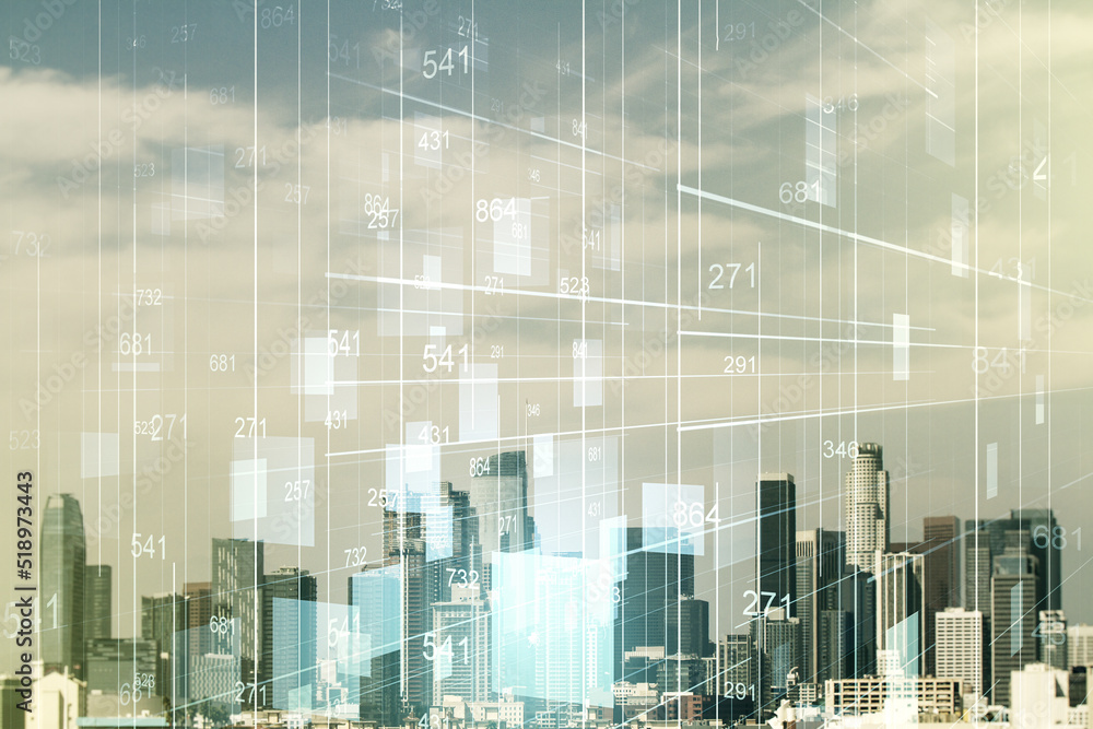 Poster multi exposure of abstract virtual graphic data spreadsheet sketch on los angeles cityscape backgrou