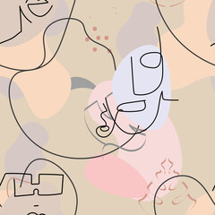 One line drawing. Abstract face seamless pattern.