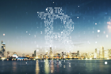 Double exposure of creative Bitcoin symbol hologram on Chicago city skyscrapers background. Cryptocurrency concept