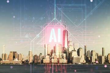 Fototapeta na wymiar Creative artificial Intelligence symbol hologram on New York cityscape background. Double exposure