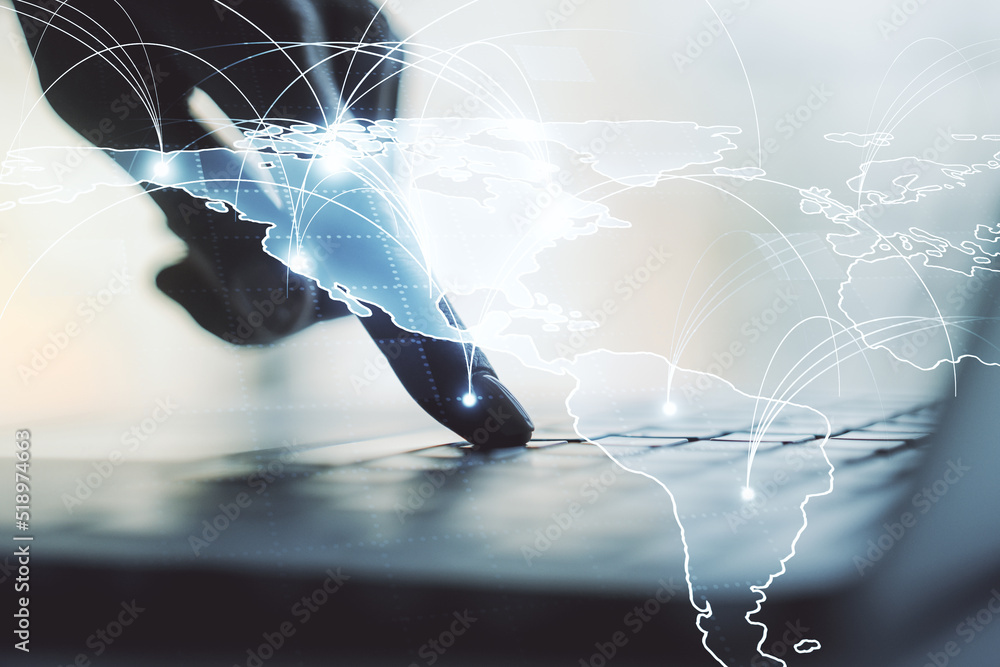 Poster double exposure of abstract digital world map with connections and hand typing on computer keyboard 