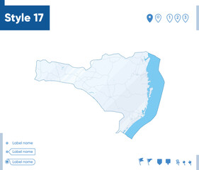Santa Catarina, Brazil - map isolated on white background with water and roads. Vector map.