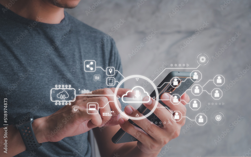 Poster man presses download button data.computing is system for sharing download and people's information b