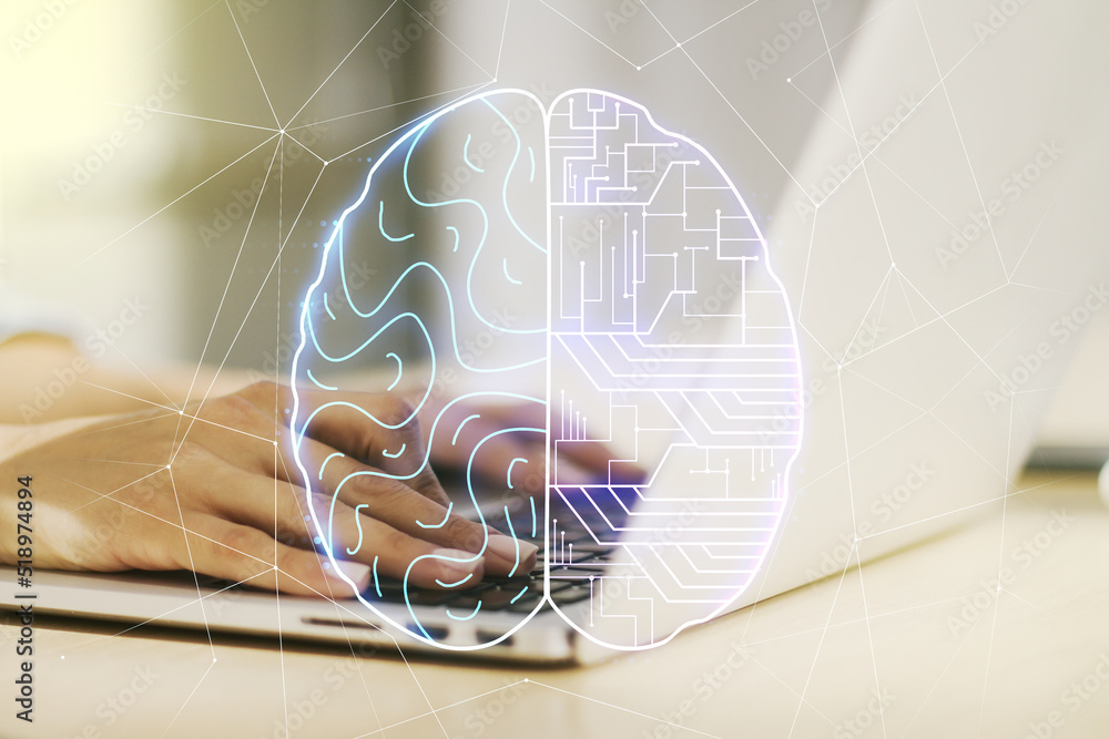 Poster double exposure of creative human brain microcircuit with hand typing on computer keyboard on backgr
