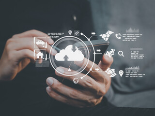 Man pressing the Smartphone screen to download a Cloud .connect to data base station and operations.Cloud computing is system for sharing download and upload big data information.