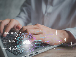 Man presses download button data.computing is system for sharing download and people's information big data.center cloud people data.