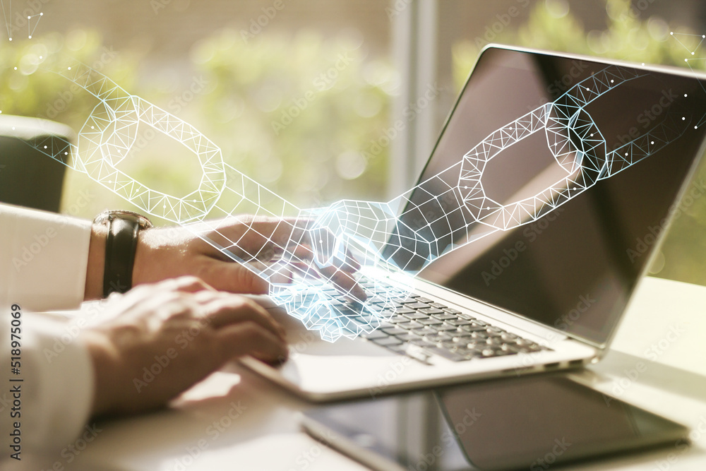 Poster double exposure of blockchain technology with handshake hologram and hands typing on laptop on backg
