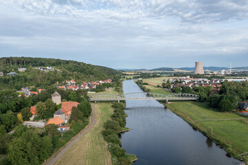 View of drone of nuclear power plant and river