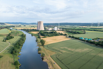 View of drone of nuclear power plant and river
