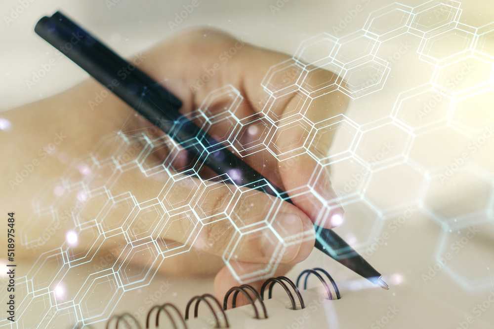 Poster double exposure of technology hologram with hexagon and man hand writing in notebook on background. 
