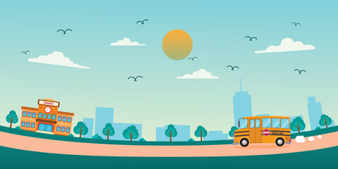 Naklejka premium School Bus On The Way To School Scene, Vector
