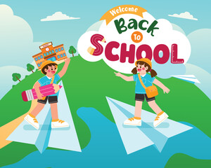 Student go To School By Paper plane, Vector