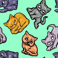 Cute cats pattern for wallpaper, wrapping paper, textile fabric print, pet shop, baby shower, kids room, children theme background. Decorative colourful hand drawn illustration.  Line vector drawing.