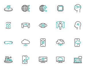 set of technology line icons, ar, vr, metaverse