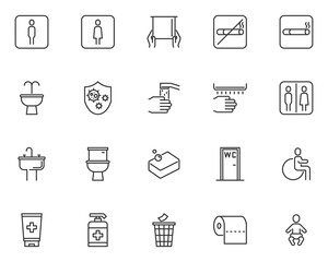 set of toilet line icons, bathroom, clean, hand washing