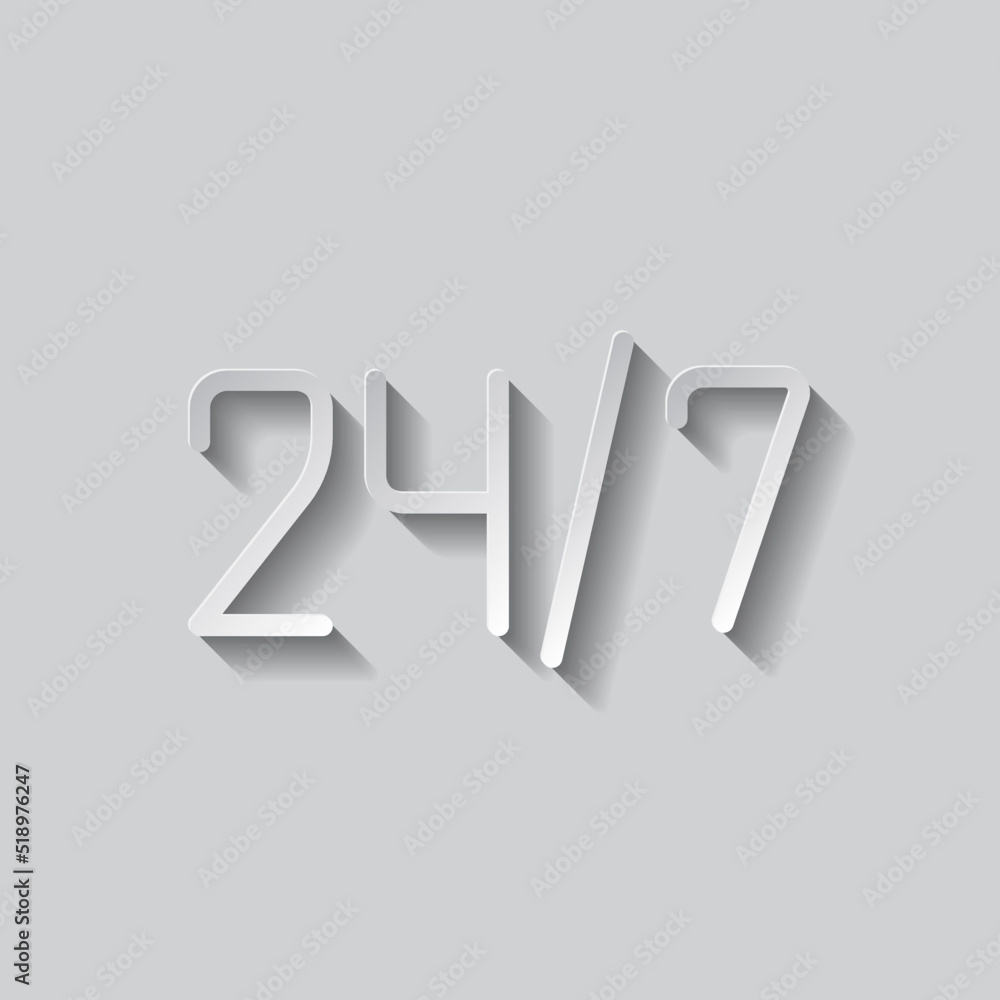 Poster 24h hours a day and 7 days a week simple icon, vector. flat design. paper style with shadow. gray ba