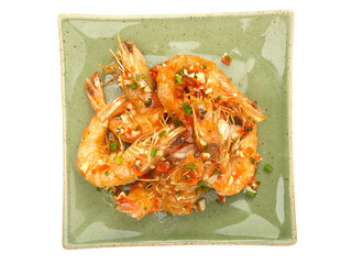 Stir fried prawns with chili sauce on green square plate