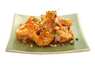 Stir fried prawns with chili sauce on green square plate