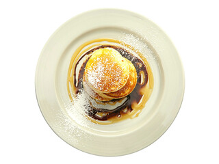 Tasty pancakes with banana and chocolate sauce on plate Isolated on white background.