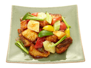Sweet and sour chicken with colorful bell pepper on a plate Isolated on whiye background.