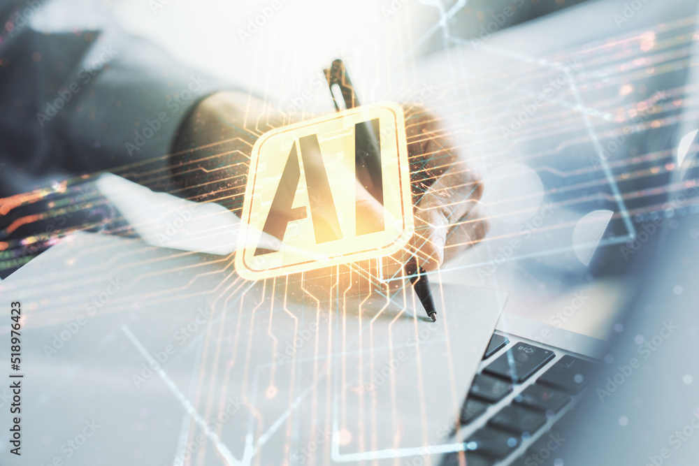 Poster double exposure of creative artificial intelligence icon with hand writing in notebook on background