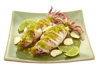 Steamed Squids or Octopus with Spicy Chili and Lemon Lime Sauce Isolated on white background.