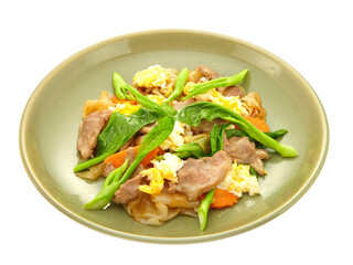 stir fried large rice noodles with slice fermenting pork and Chinese kale dressing black sweet soybean sauce Isolated on white background
