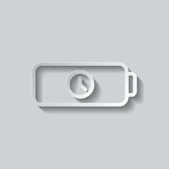 Battery with clock simple icon vector. Flat design. Paper style with shadow. Gray background.ai