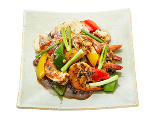 Stir fried prawns with black pepper corn with beel pepper and spring onion Isolated on whie background.