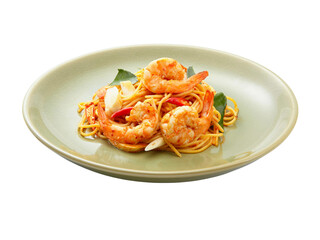 Thai style Tom Yum seafood spaghetti. Spaghetti is a long, thin, solid, cylindrical pasta. It is a staple food of traditional Italian cuisine. Like other pasta, spaghetti is made of milled wheat