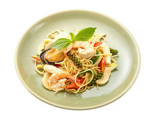 Spaghetti with spicy fried shrimp on white background