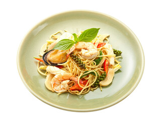 Spaghetti with spicy fried shrimp on white background
