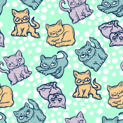 Cute cats pattern for wallpaper, wrapping paper, textile fabric print, pet shop, baby shower, kids room, children theme background. Decorative colourful hand drawn illustration.  Line vector drawing.