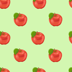 Seamless pattern. The apple is red, ripe, with a green leaf on a green or light green background. Vector graphics. Fruits, vegetables, vitamins, minerals. Proper nutrition. Harvesting and agriculture.