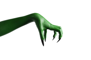 Halloween green color of witches, evil or zombie monster hand isolated on white background. © Phushutter