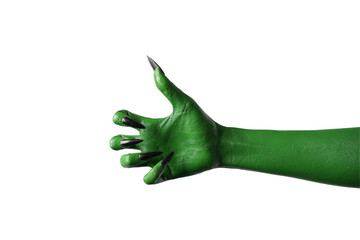 Halloween green color of witches, evil or zombie monster hand isolated on white background.