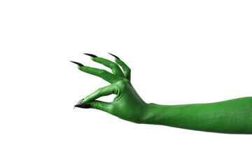 Halloween green color of witches, evil or zombie monster hand isolated on white background.