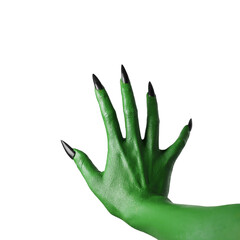 Halloween green color of witches, evil or zombie monster hand isolated on white background.
