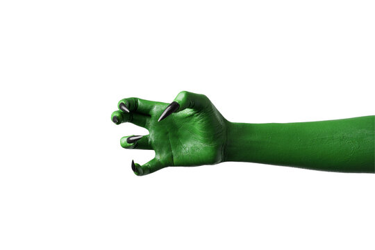 Halloween green color of witches, evil or zombie monster hand isolated on white background.