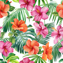 Tropical flowers, Palm leaves on white background, watercolor botanical. Seamless patterns.