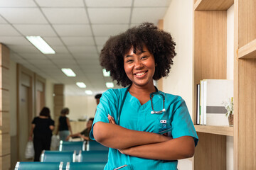Portrait of  young doctor woman working in a hospital. African American Healthcare Professionals. Portrait Of Smiling Female Doctor  With Stethoscope In Hospital Office.