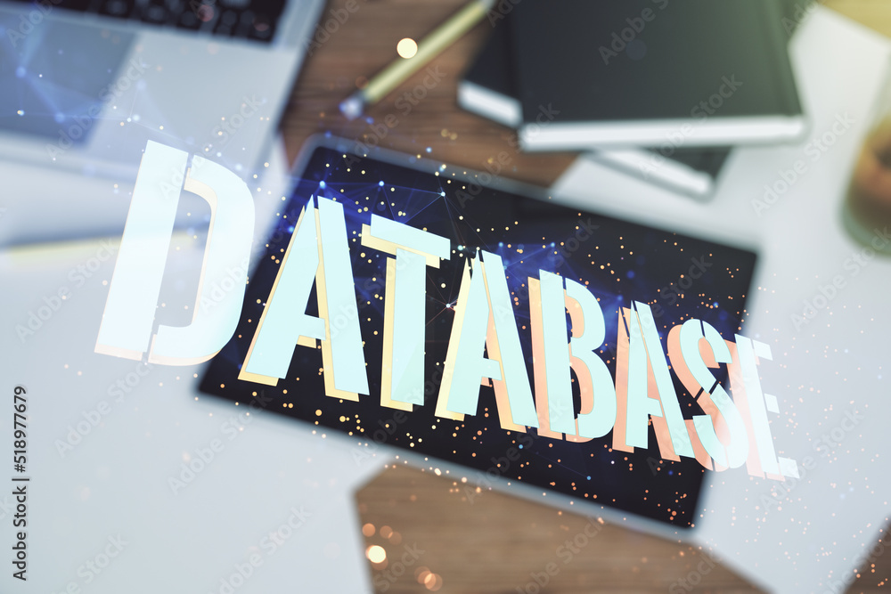 Aufkleber double exposure of creative database word hologram and digital tablet on background, top view, resea