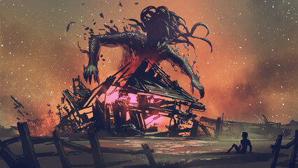 fantasy scene of the man looking in shock at the awakening of the black giant., digital art style, illustration painting © grandfailure