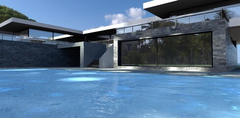 Fototapeta na wymiar Pool of a futuristic country house. Flat roof, spacious terrace. The walls are slate gray. Sun glare on blue water. 3d render.